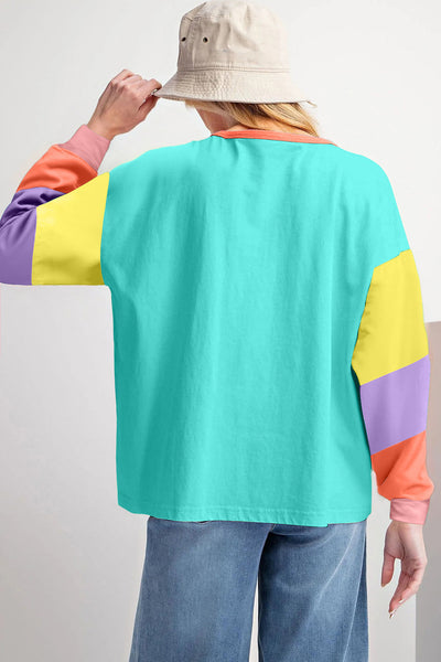 Casual Women's Light Blue Colorblock Long Sleeve Top - Comfortable Loose Fit Patchwork Design for Everyday Style