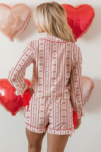 Romantic Women's Red Heart Print Pajama Set with Bow Detail - Cozy 2-Piece Sleepwear for Sweet Dreams
