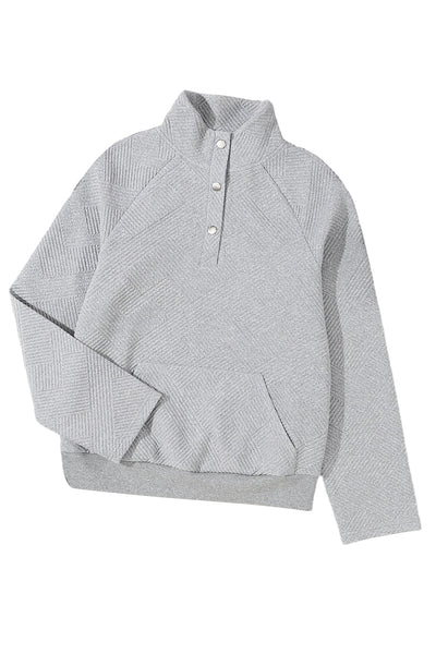 Cozy Women's Light Grey Textured Knit Sweatshirt with Buttoned Detail & Kangaroo Pocket for Casual Chic Style