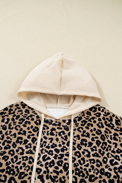 Women's Leopard Print Waffle Knit Hoodie with Kangaroo Pocket