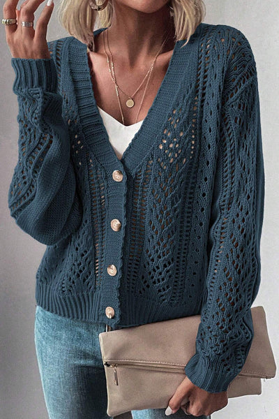 Stylish Women's Real Teal Open Knit Drop Shoulder Cardigan Sweater - Cozy Layering Essential for Effortless Chic Looks