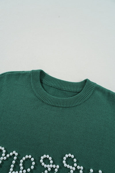 Women's Cozy Blackish Green Pearl Beaded Sweater - Casual Chic Design for Effortless Everyday Style