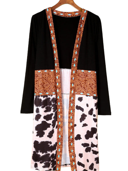Cow Print Western Style Patchwork Cardigan
