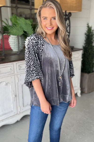 stylish women's medium grey leopard print velvet blouse with trendy lantern sleeves for a comfortable, chic look made for easy styling and wardrobe