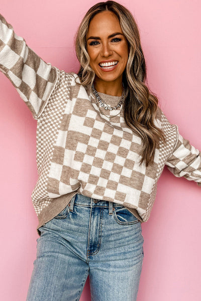 Cozy Women's Khaki Checkered Drop Shoulder Sweater - Casual Chic Round Neck Pullover for Effortless Style