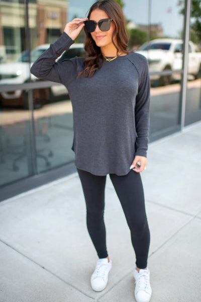 Cozy Women's Dark Grey Thermal Knit Raglan Sleeve Top with Exposed Seams - Casual All-Day Comfort Fit