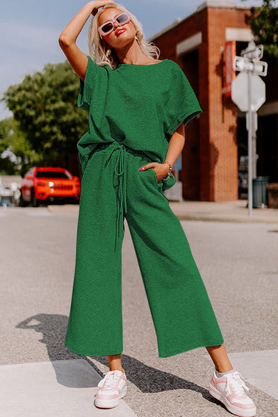Women's Dark Green Textured Lounge Set - Relaxed Fit T-Shirt & Drawstring Pants for Cozy Everyday Comfort