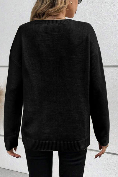 Cozy Women's Black Knitted Sweater with Ribbed Edges & Drop Shoulder - Stylish Pattern for Ultimate Comfort