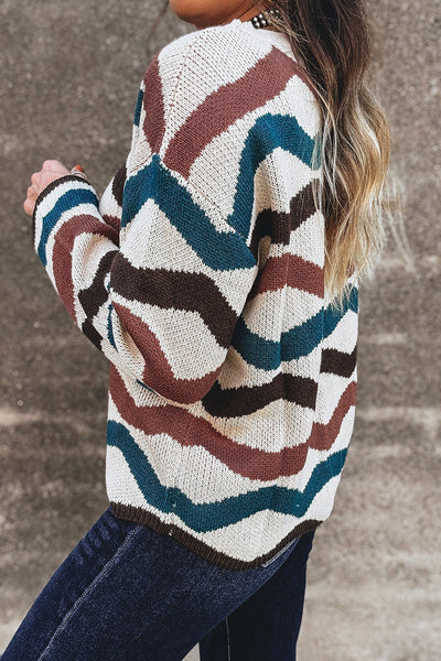 Trendy Women's Multicolor Retro Wave Knit Sweater Cozy Fitted Design for Casual Chic Style