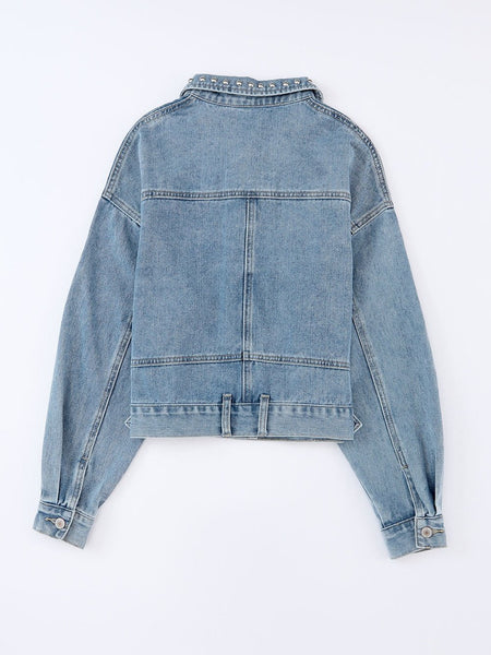 Women's Sky Blue Rhinestone Embellished Denim Shacket