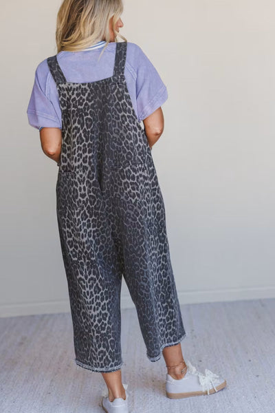 Stylish Women's Gray Leopard Print Denim Jumpsuit with Adjustable Straps - Relaxed Fit for Casual Chic Days