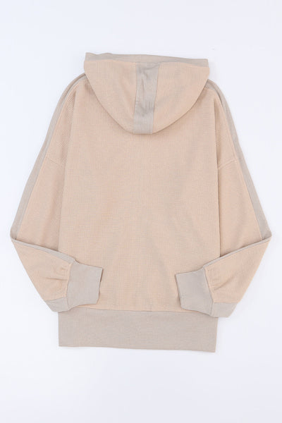 Plus Size Casual Coat, Women's Plus Colorblock Double Zip Up Long Sleeve Drawstring Nipped Waist Ruched Hooded Coat