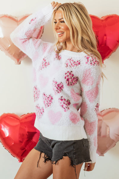 Cozy Women's Pink Heart Leopard Print Sweater with Pearled Ribbed Trim - Stylish Fuzzy Knit for Casual Outings