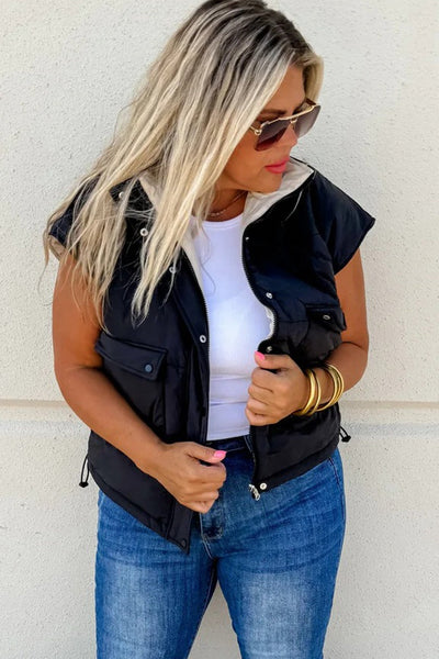 Women's Black Color Block Patchwork Zip-Up Winter Vest with Snap Buttons - Stylish & Warm Outerwear for Cold Weather
