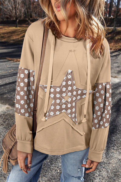 Women's Apricot Floral Patchwork Hoodie with Star Design and Adjustable Drawstring - Casual and Stylish Pullover