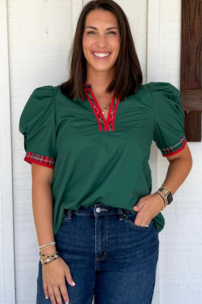 Plus Size Women's Blackish Green V-Neck Blouse with Contrast Trim & Short Bubble Sleeves for a Chic Look
