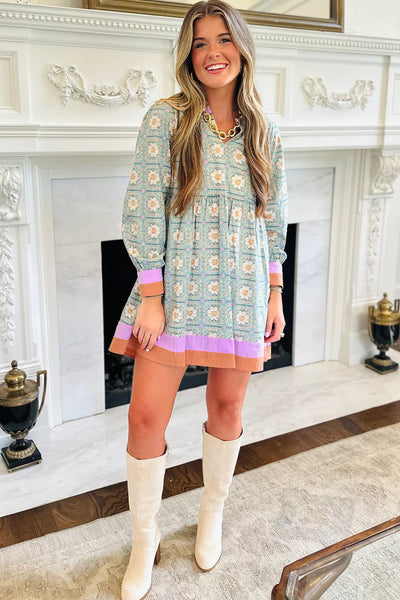 Chic Women's Long Sleeve Green Floral Mini Dress with Striped Trim and Geometric Design for Casual Elegance