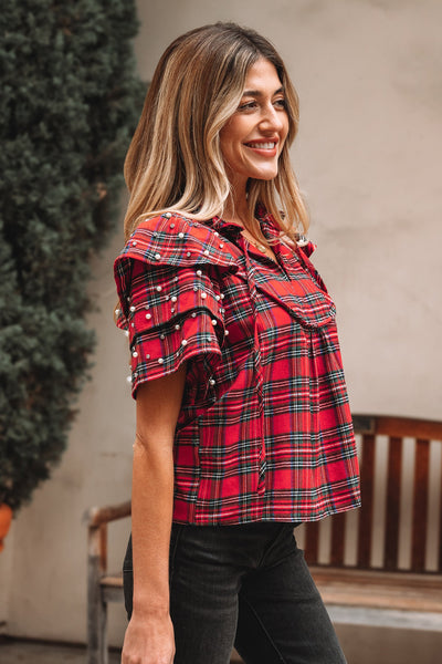 women's pearl-embellished red plaid ruffle sleeve blouse made for easy styling and wardrobe coordination, with premium-like structure and finish. with