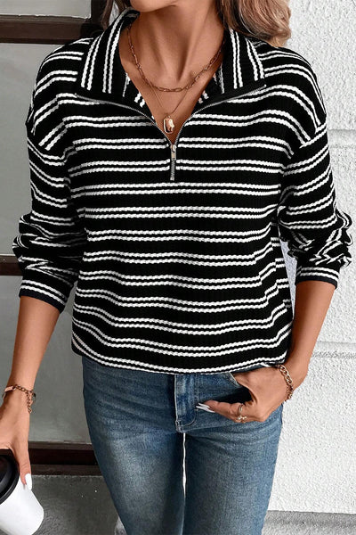 Women's Textured Black Striped Quarter Zip Long Sleeve Top - Stylish Fit for Casual Outings and Everyday Wear