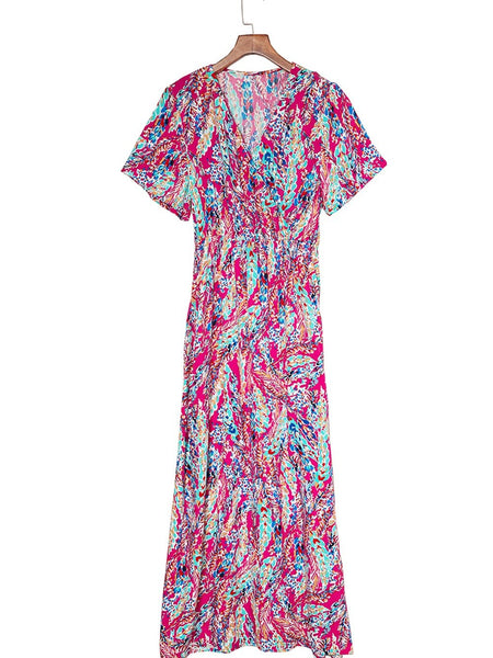 Vintage Print Puff Sleeve Maxi Dress