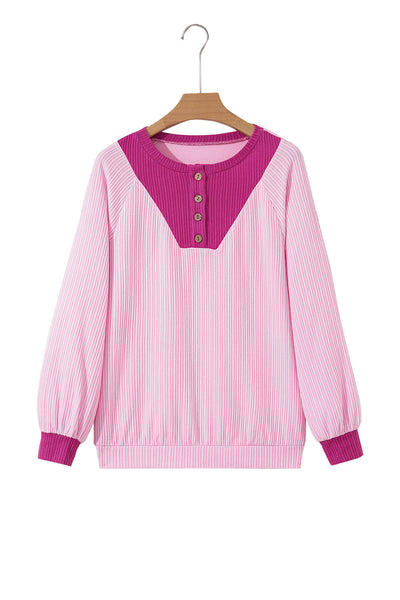 Women's Pink Textured Knit Color Block Long Sleeve Top with Button Neck - Stylish & Comfortable Casual Wear