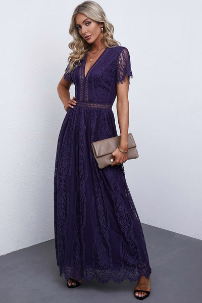 Women's Floral Crochet Lace V-Neck Midi Dress with Bell Sleeves