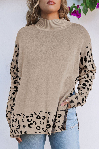 Trendy Women's Oversized Khaki Leopard Print Sweater with High Neck and Side Slits for Cozy Style made for easy styling and wardrobe coordination,