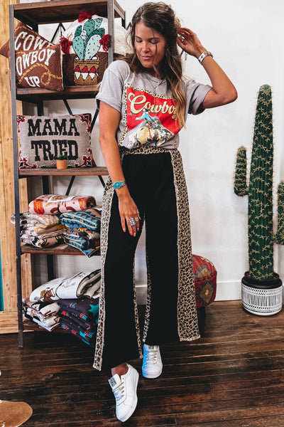 Trendy Women's Black Leopard Patchwork Wide Leg Jeans with Frayed Hem - Effortlessly Chic Casual Fashion