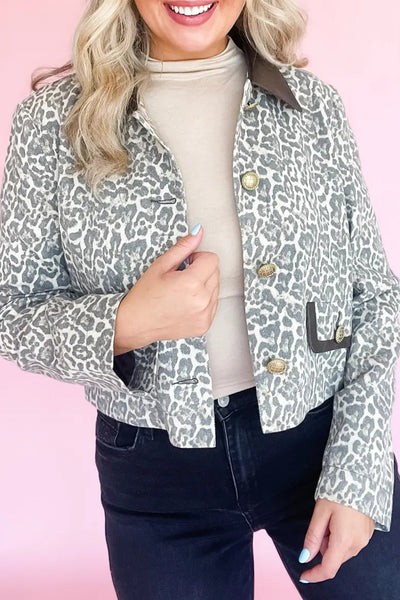 Women's Black Leopard Print Jacket with Button Flap, Contrast PU Leather Collar, Stylish Patchwork Design made for easy styling and wardrobe