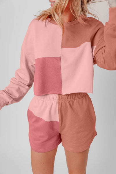 Women's Peach Colorblock Long Sleeve Shorts Set - Trendy Casual Summer Outfit for Comfort and Adventure
