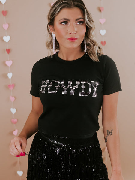 Women's HOWDY Black Rhinestone Embellished Slim Fit Tee