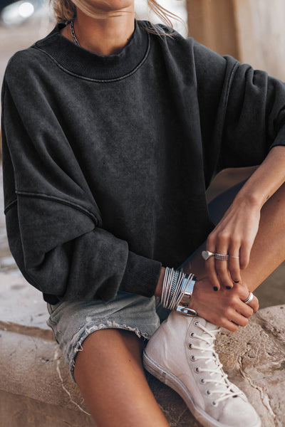 Cozy Women's Black Drop Shoulder Crew Neck Sweatshirt - Effortless Casual Pullover for Ultimate Comfort and Style