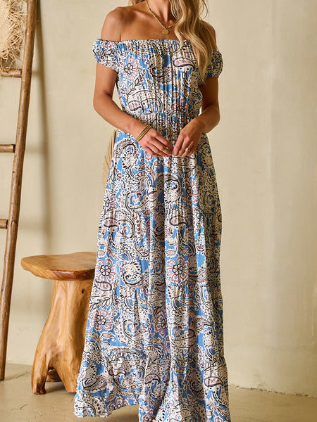 Printed V-Neck Off-Shoulder Short Sleeve Dress