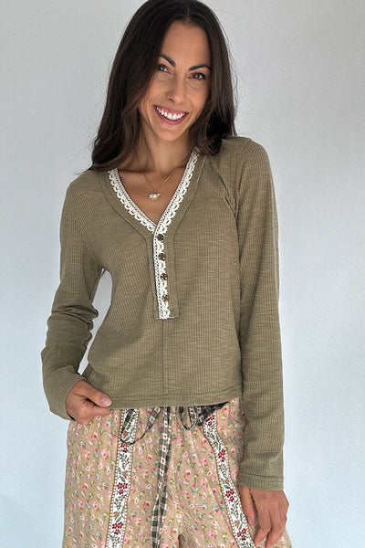 Sage Green Ribbed Knit Long Sleeve Pullover Top with Lace Trim and V-Neck for Women Stylish and Comfortable Fit