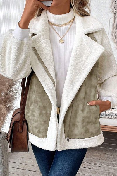 Women's Cozy Laurel Green Faux Suede Sherpa Jacket with Pockets - Stylish Zip-Up Outerwear for Comfort and Warmth