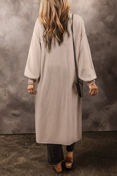 Chic Beige Long Knit Cardigan for Women - Open Front, Relaxed Fit, Stylish Layering Piece with Convenient Side Pockets