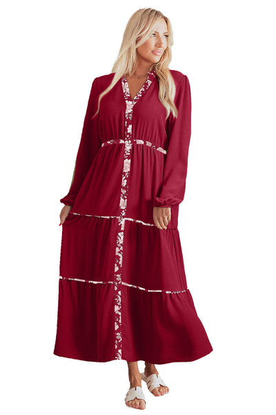 Boho Chic Women's Red Floral Patchwork Maxi Dress with Notched Neck & Long Sleeves - Perfect for Any Occasion