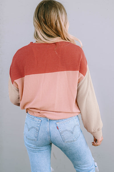 Women's Casual Fiery Red Color Block Long Sleeve Ribbed Top - Comfortable Loose Fit for Effortless Everyday Style