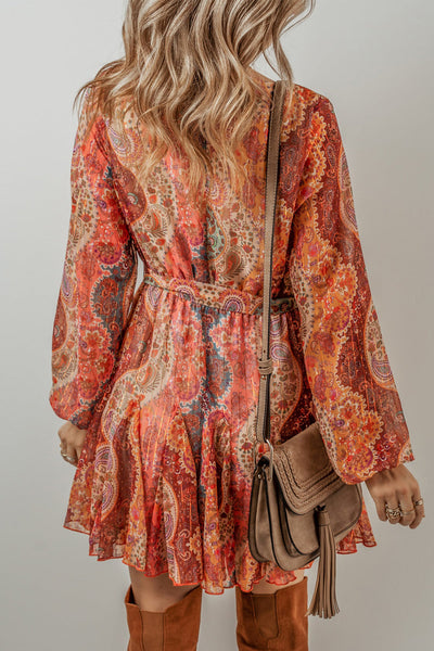 Women's Orange Boho Paisley Print Mini Dress with Long Sleeves, Pleated Design, and Belted Waist for Effortless Style