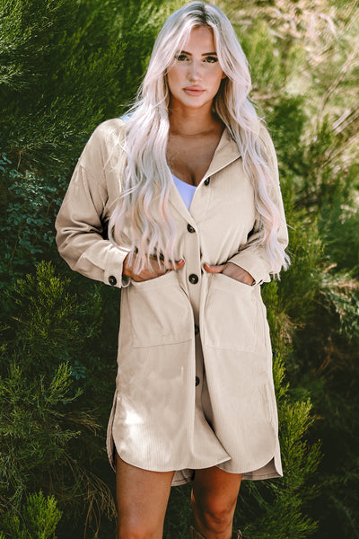 Trendy Women's Oversized Beige Hooded Corduroy Shacket - Cozy Layering Jacket with Stylish Contrast Design