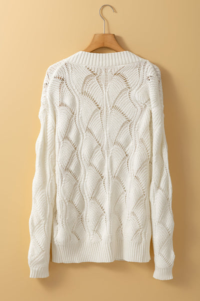 Chic Beige V-Neck Knit Sweater for Women with Drop Shoulders - Stylish Hollow Out Design for Trendy Fall Fashion