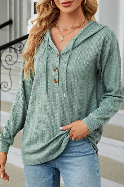 Mint Green Long Sleeve Hooded Top for Women with Textured Fabric, Button Front & Adjustable Drawstring for Comfort
