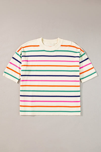 Beige Striped Short Sleeve Knitted Top for Women - Trendy Boxy Fit Tee for Effortless Casual Chic Style