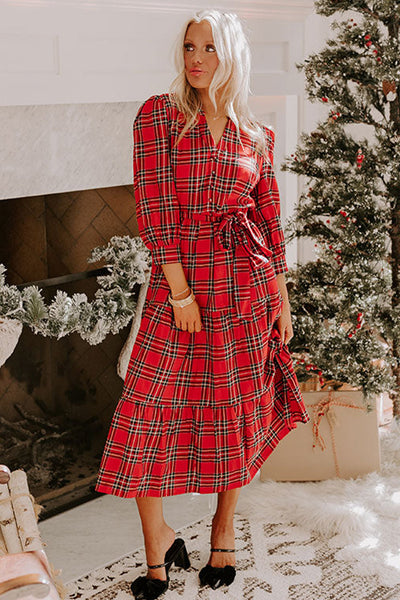 Festive Women's Red Plaid Midi Dress with V-Neck, 3/4 Sleeves, Tie Waist, and Ruffle Hem for Holiday Cheer