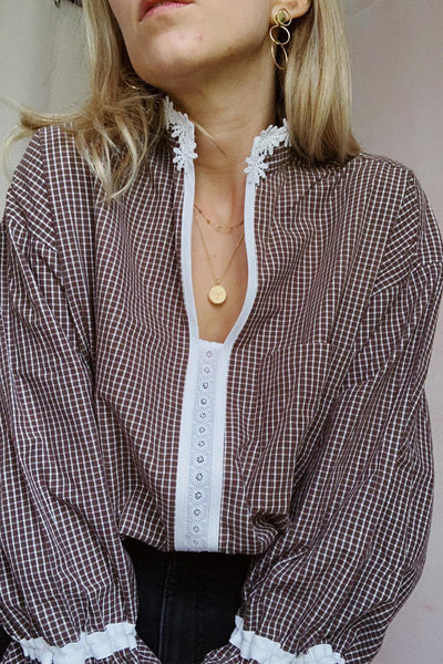 Trendy Women's Brown Plaid Blouse with Lace Collar and Ruffled Sleeves - Chic and Stylish Casual Top