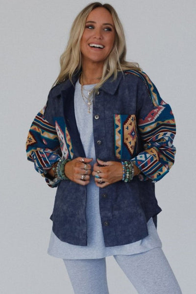 Stylish Women's Dirty Blue Aztec Print Corduroy Shacket - Cozy Button-Down Overshirt for Effortless Layering