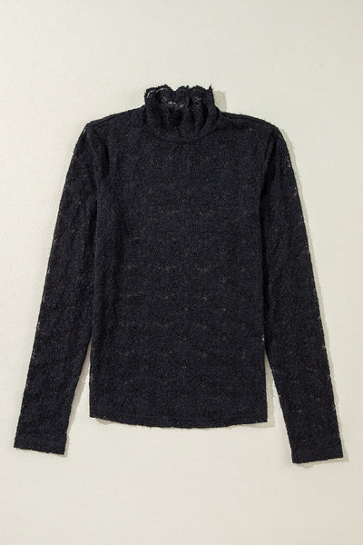 Chic Women's Black Floral Lace High Neck Blouse - Long Sleeve, Elegant Fit for Every Occasion