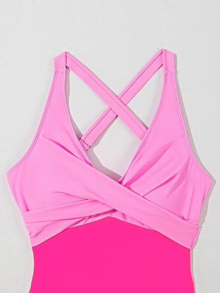 Rose Red Flared One-Piece Swimsuit with Crisscross Back Straps