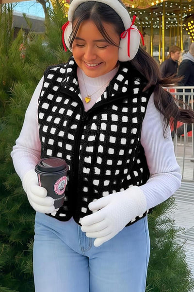 Cozy Women's Black Checkered Plush Winter Vest with Zip-Up Closure for Stylish Layering and Warmth