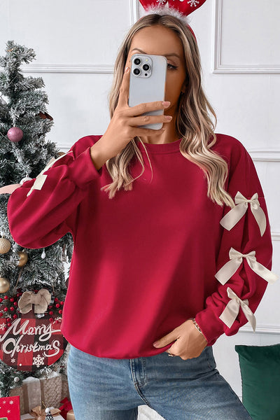 Chic Women's Fiery Red Crewneck Sweatshirt with Bow Detail and Dropped Sleeves for Effortless Casual Style